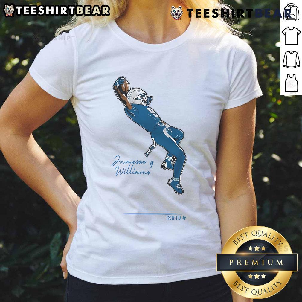 Jameson Williams celebrating a touchdown in the NFL, wearing the Official Jameson Williams TD Ladies Tee.
