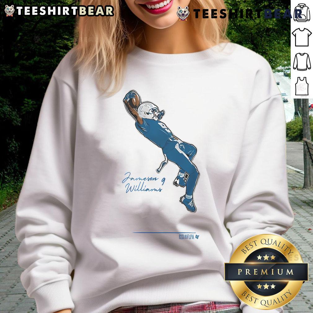 Jameson Williams NFL touchdown celebration sweatshirt featuring vibrant design and team colors, perfect for fans.