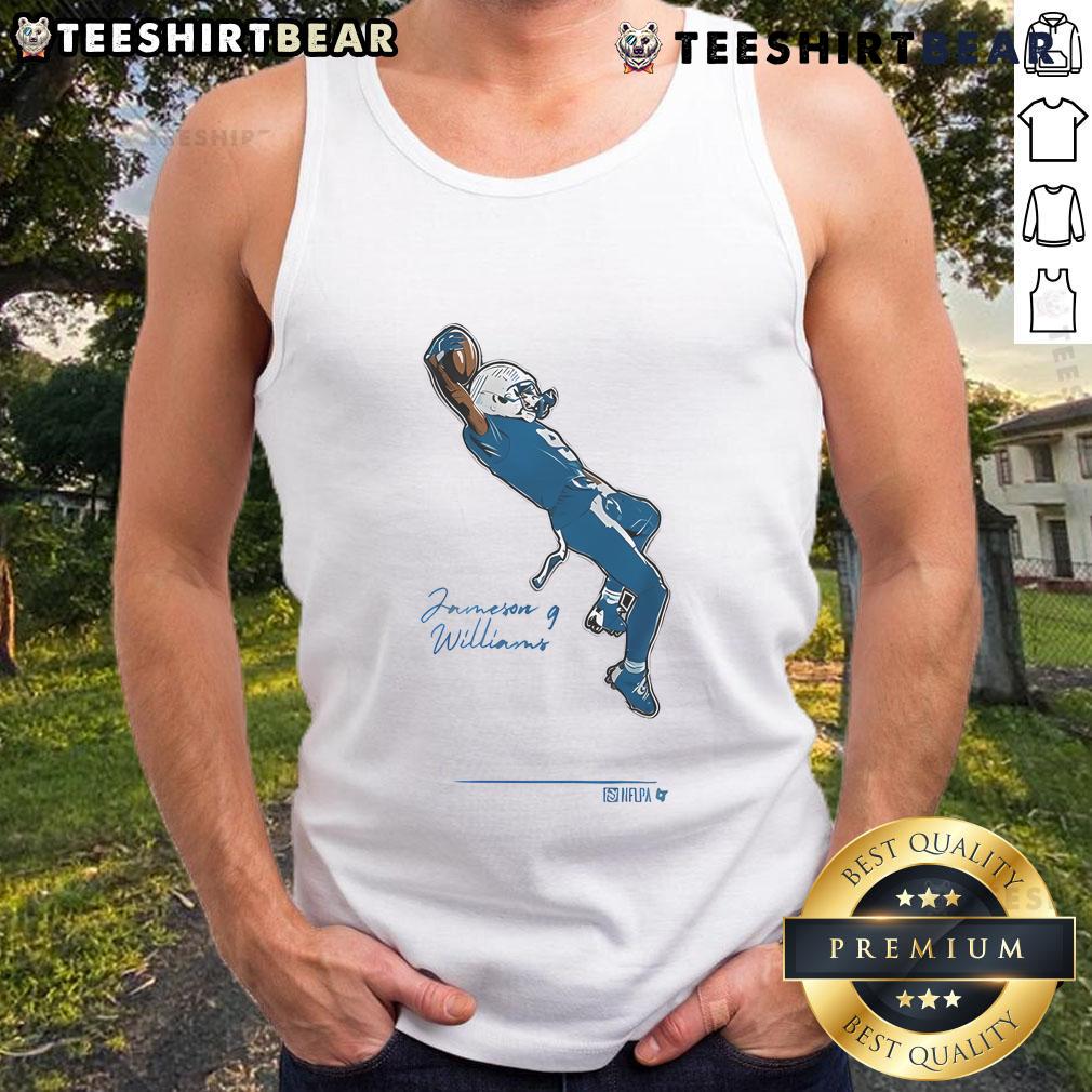Jameson Williams celebrates touchdown in NFL wearing an official tank top, showcasing team spirit and athletic style.