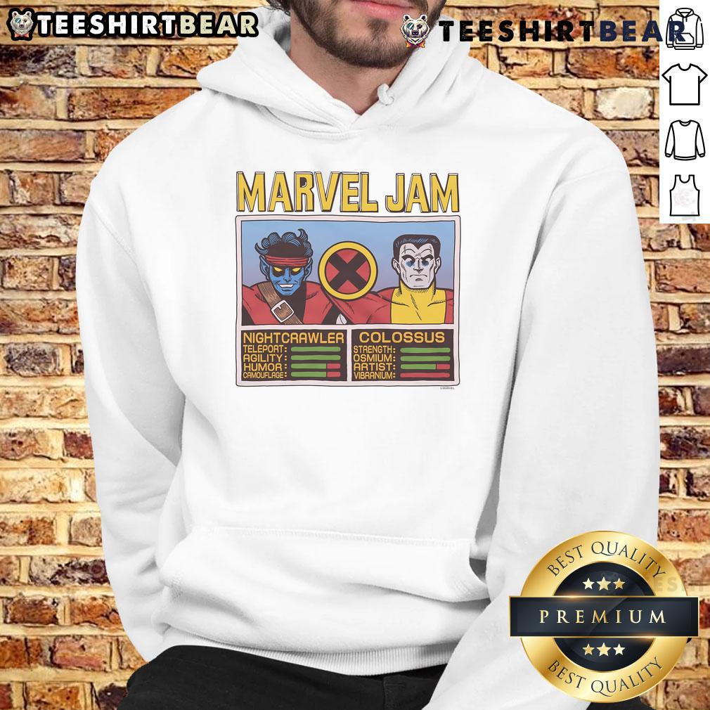 Alt Text: Official Marvel Jam Nightcrawler and Colossus hoodie featuring vibrant graphics of iconic X-Men characters.