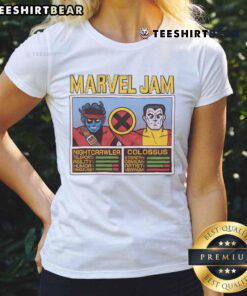 Official Marvel Jam Nightcrawler and Colossus Ladies Tee featuring vibrant graphics of iconic superheroes.