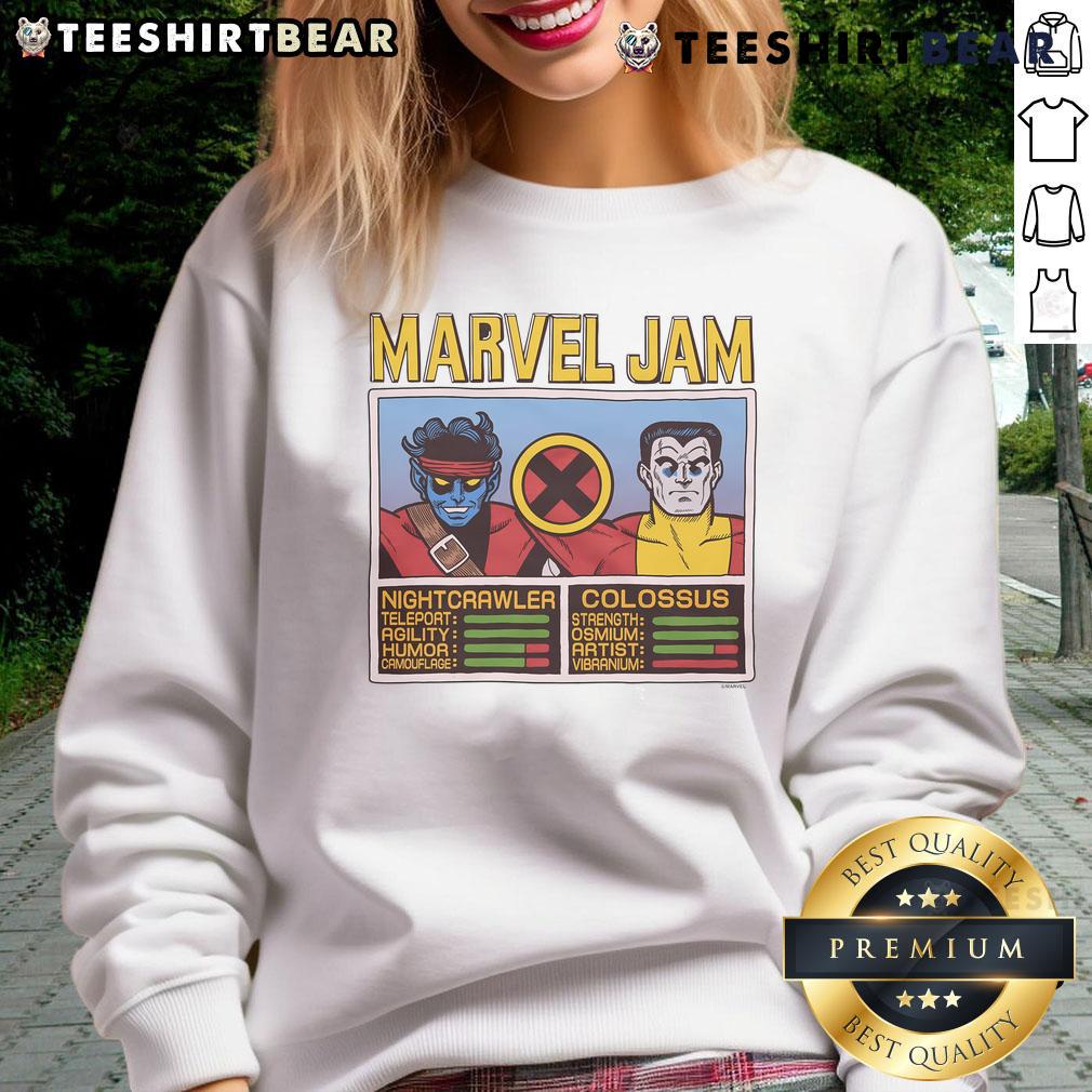 Official Marvel Jam Nightcrawler and Colossus sweatshirt featuring vibrant designs of iconic X-Men characters.