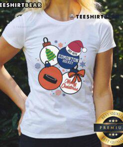 Official Merry Christmas Edmonton Hockey Est 1972 Ladies Tee featuring festive design and team colors for fans.