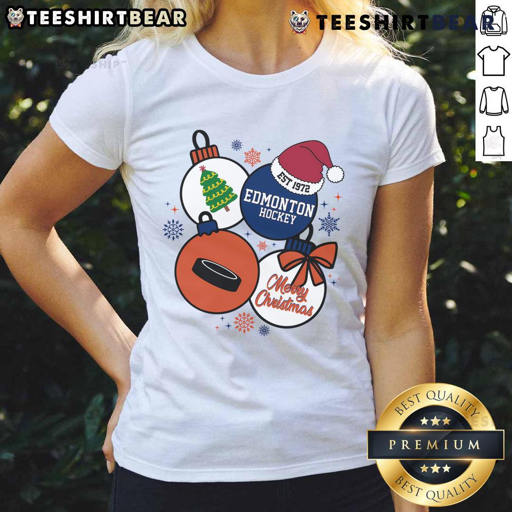 Official Merry Christmas Edmonton Hockey Est 1972 Ladies Tee featuring festive design and team colors for fans.