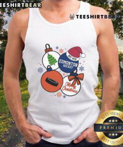 Official Merry Christmas Edmonton Hockey Est 1972 tank top featuring festive design for hockey fans celebrating the season.