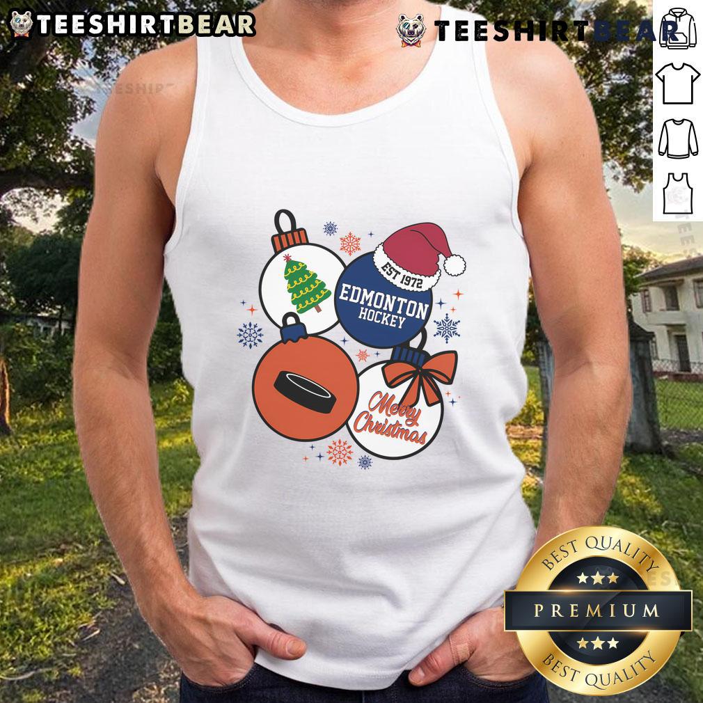 Official Merry Christmas Edmonton Hockey Est 1972 tank top featuring festive design for hockey fans celebrating the season.