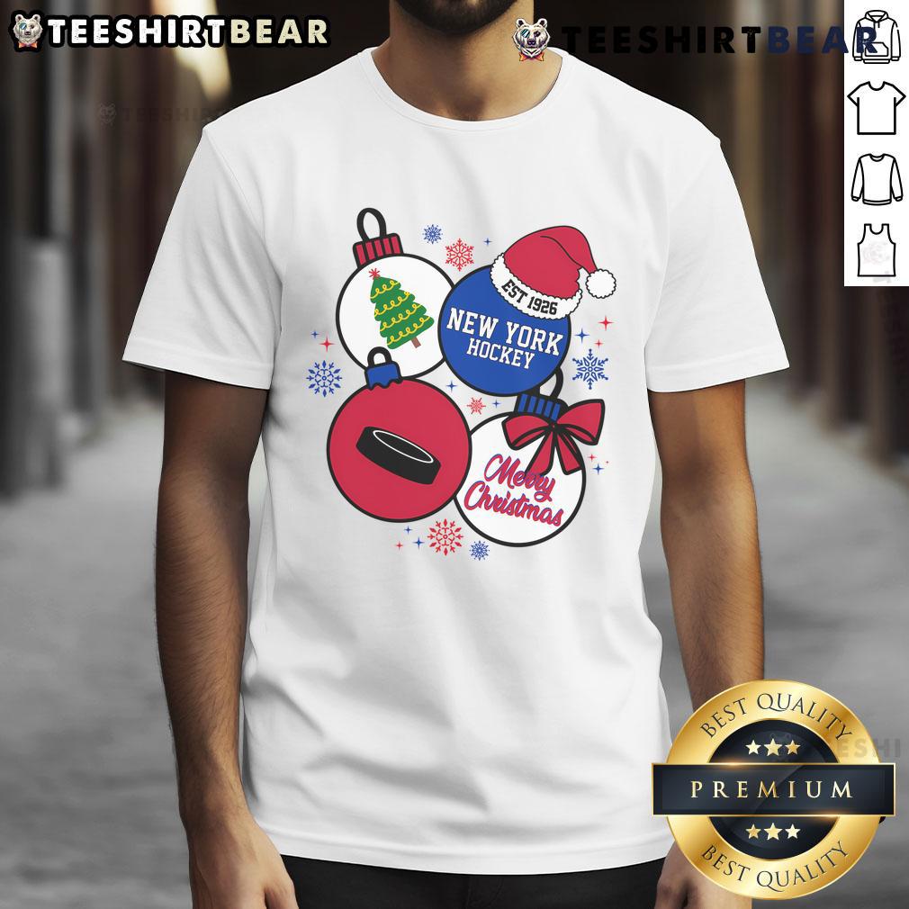 Alt Text: Official Merry Christmas New York Hockey Est 1926 T-Shirt featuring festive design and team colors for holiday cheer.