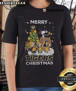 Official Missouri Tigers X Snoopy and Friends Merry Christmas 2024 Ladies Tee featuring festive design and team logo.
