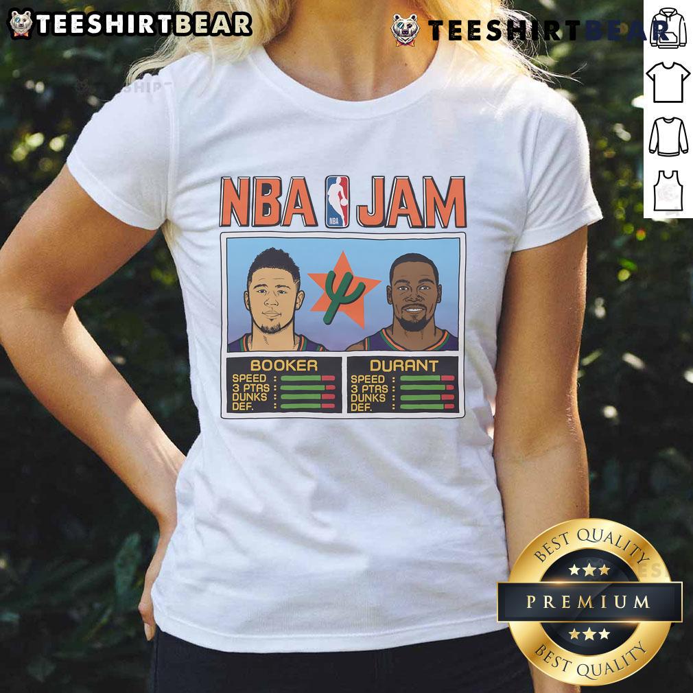 Official NBA Jam Suns City tee featuring Booker and Durant, perfect for fans of Phoenix Suns and NBA apparel.