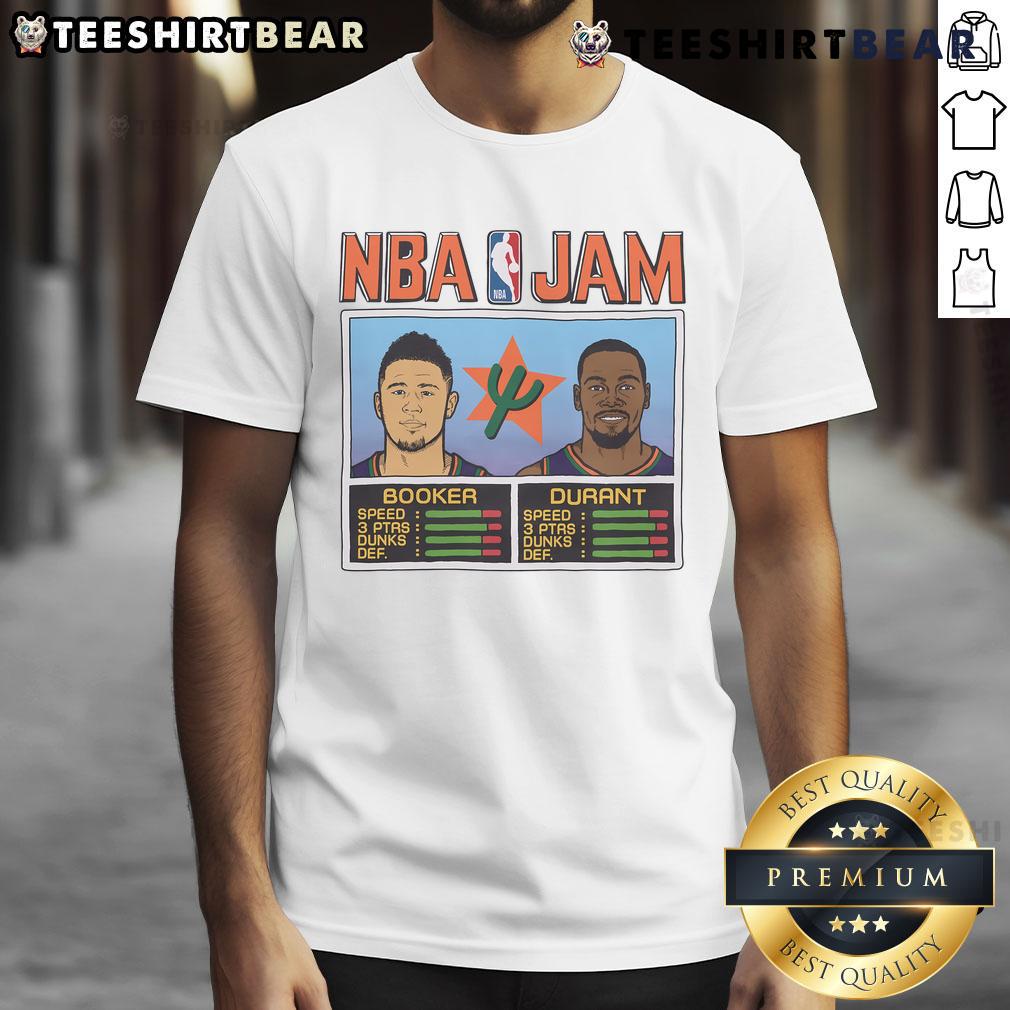 Official NBA Jam Suns City T-Shirt featuring Devin Booker and Kevin Durant, perfect for basketball fans and collectors.