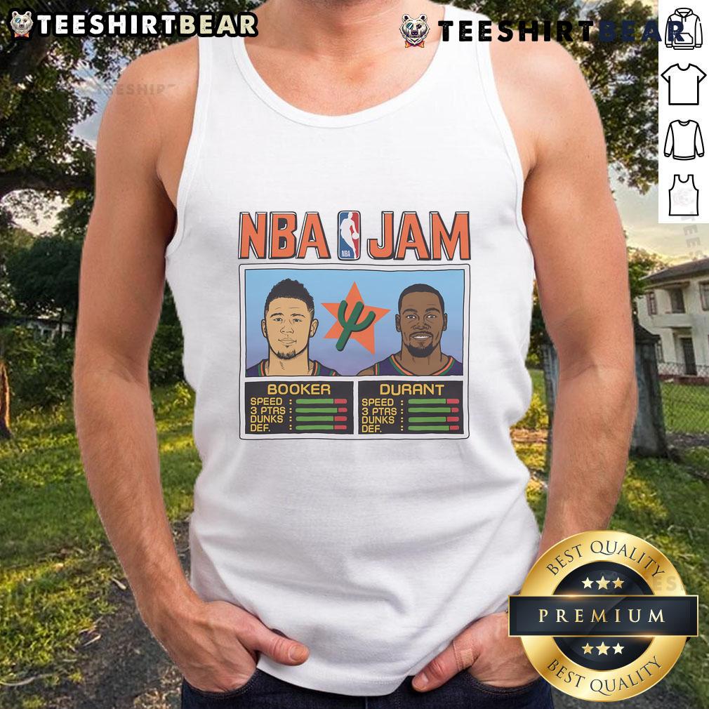 Official NBA Jam Suns City tank top featuring Booker and Durant, perfect for fans. Stylish sports apparel for game day.