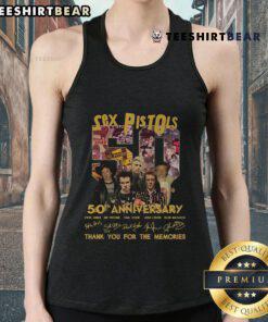 Official Sex Pistols 50th Anniversary tank top featuring iconic band logo and design celebrating their legacy.