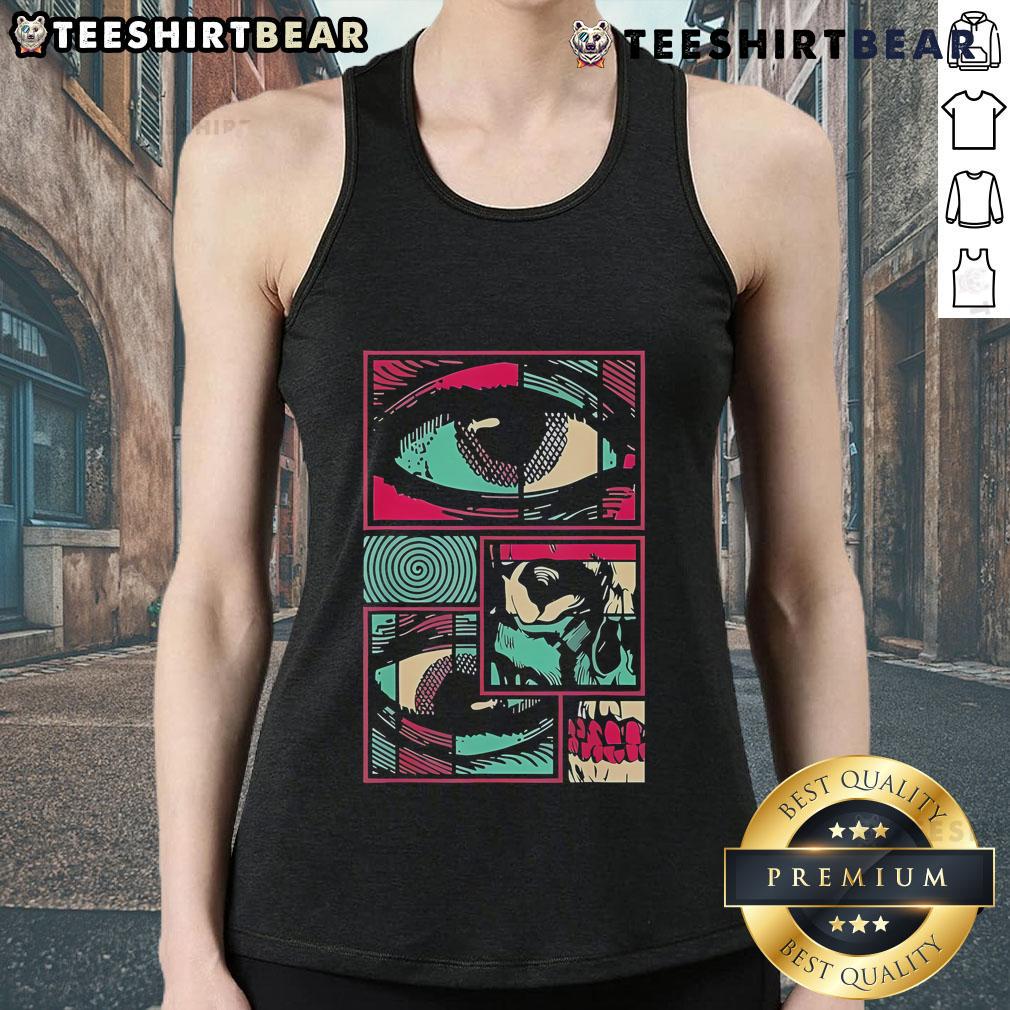 Surreal psychedelic tank top featuring official Soulisfree Facial Fragments eye design, perfect for unique fashion statements.