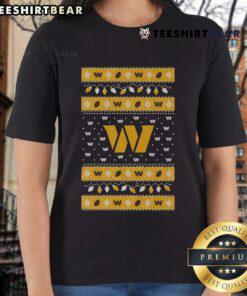 Alt Text: Official Washington Commanders Holiday Christmas Ladies Tee featuring festive design and team logo for fans.