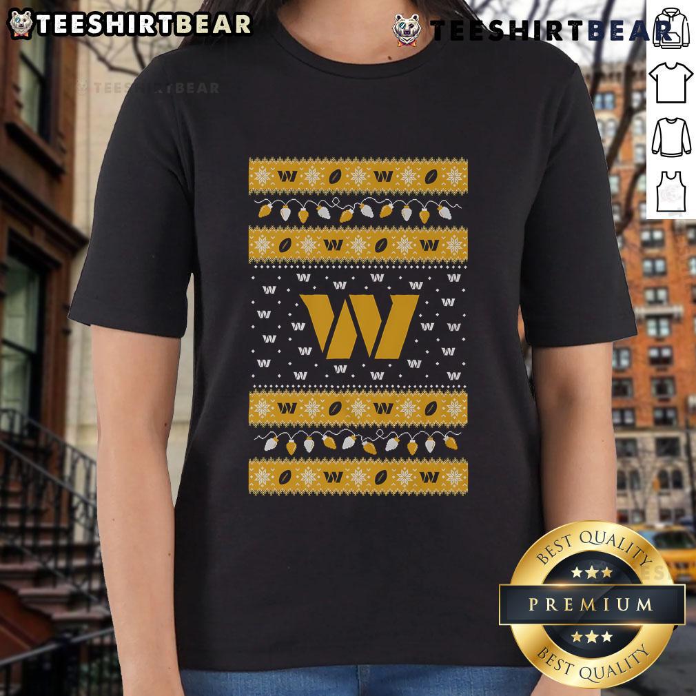 Alt Text: Official Washington Commanders Holiday Christmas Ladies Tee featuring festive design and team logo for fans.