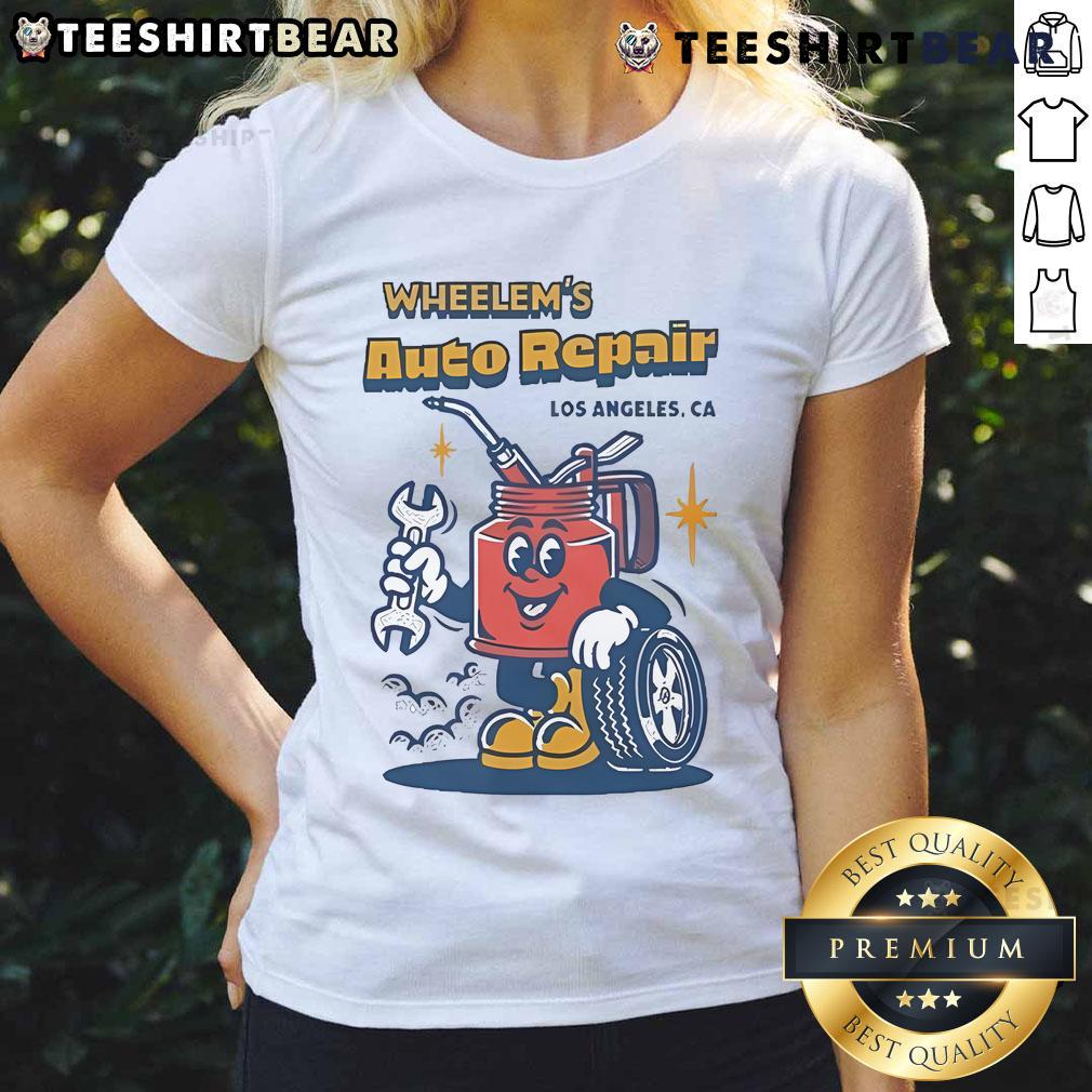 Official Wheelems Auto Repair Ladies Tee featuring a stylish design for car enthusiasts and mechanics.