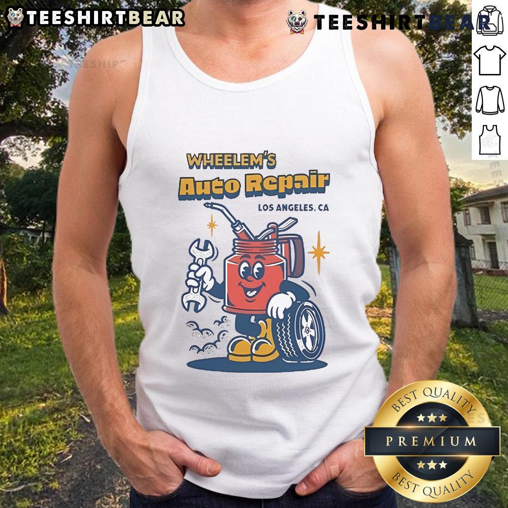 Official Wheelems Auto Repair tank top showcasing a stylish design for car enthusiasts and mechanics.