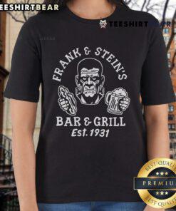 Premium Frank And Steins Bar And Grill Funny Halloween Party Ladies Tee with a spooky design for festive celebrations.
