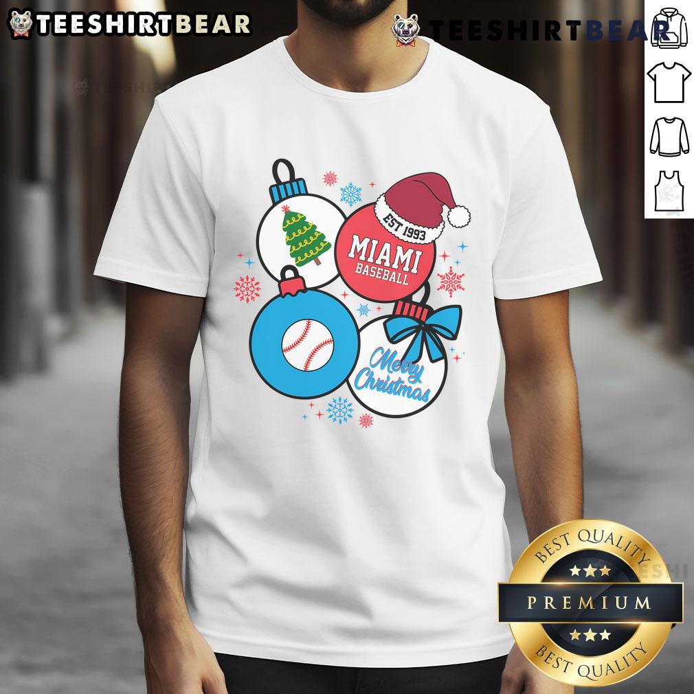 Alt Text: Premium Merry Christmas Miami Baseball Est 1993 T-Shirt featuring festive design and vibrant colors for holiday cheer.