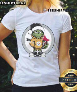 Top Best Grinch Hug Ball Pittsburgh Steelers Christmas Ladies Tee featuring a festive Grinch design for holiday cheer.