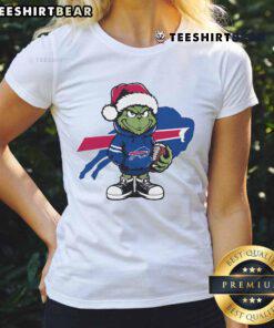 Buffalo Bills Christmas ladies tee featuring a playful Grinch hugging a football, perfect for holiday game day spirit.
