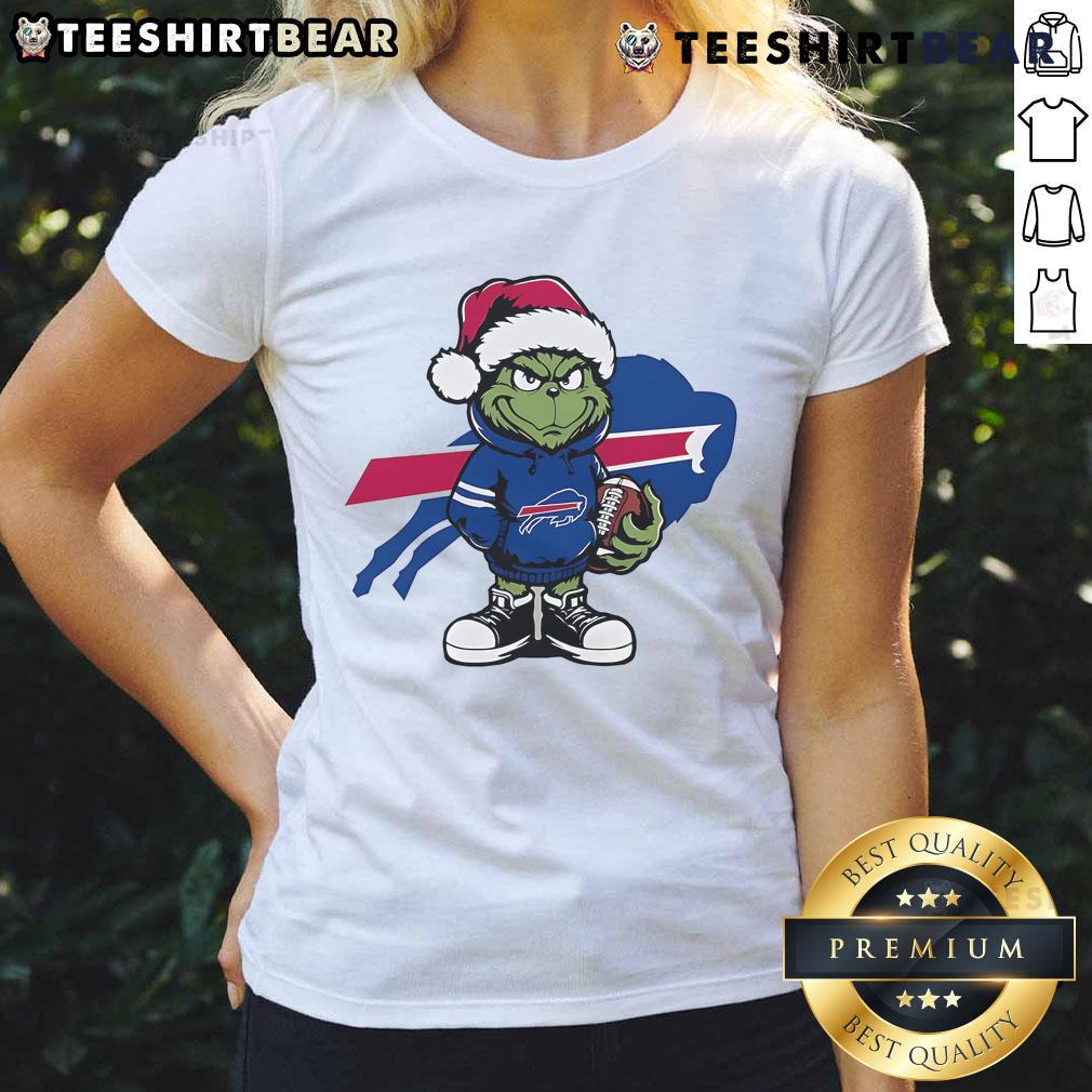 Buffalo Bills Christmas ladies tee featuring a playful Grinch hugging a football, perfect for holiday game day spirit.