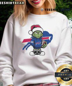 Alt Text: Cozy Top Grinch Hug Ball Buffalo Bills Christmas sweatshirt featuring festive design perfect for holiday cheer.
