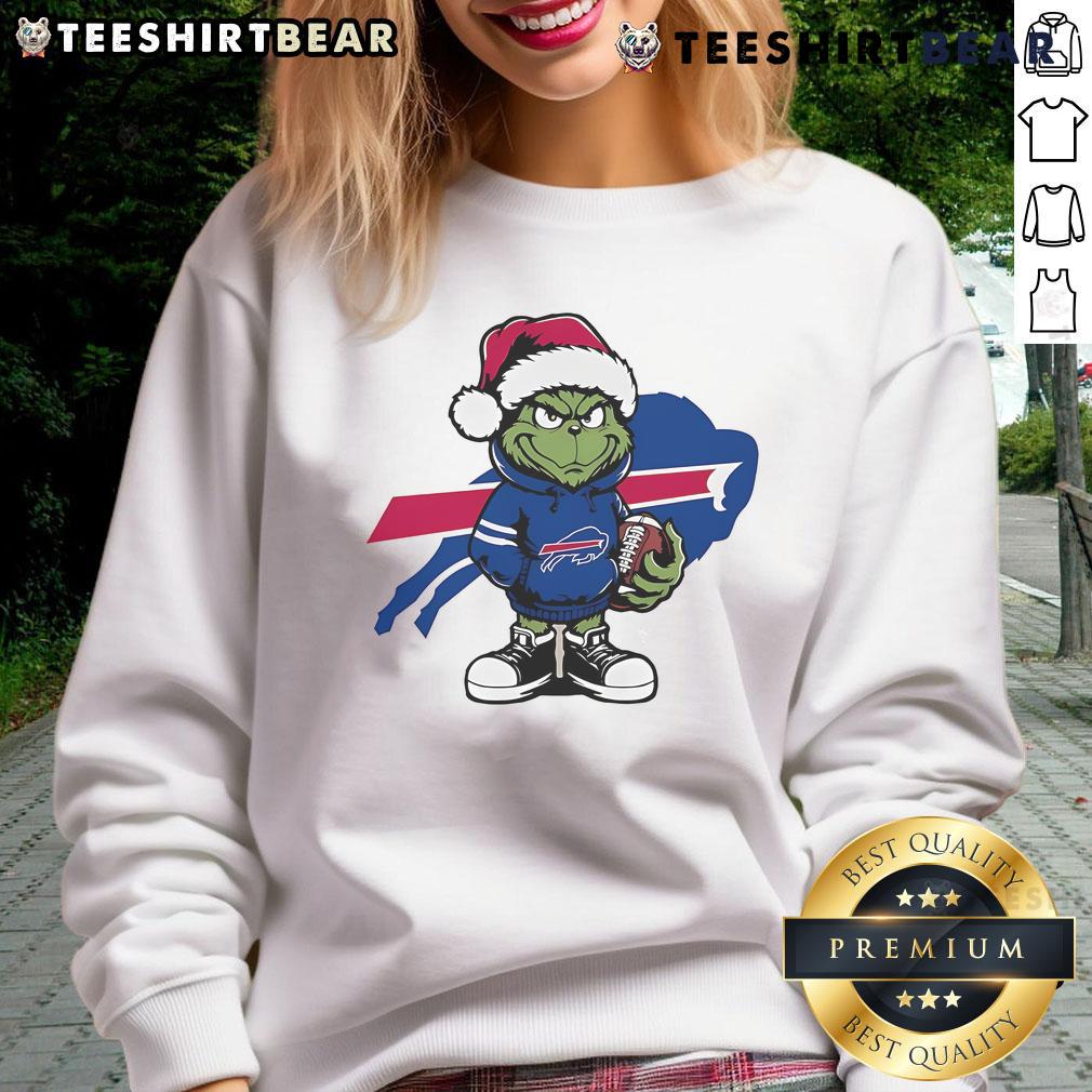Alt Text: Cozy Top Grinch Hug Ball Buffalo Bills Christmas sweatshirt featuring festive design perfect for holiday cheer.