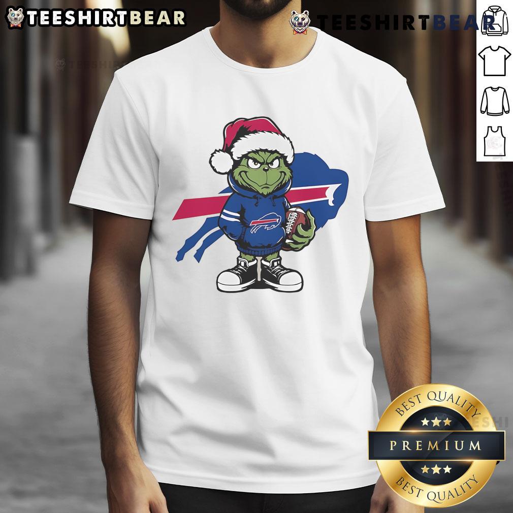 Top Grinch Hug Ball Buffalo Bills Christmas T-Shirt featuring a festive Grinch design perfect for holiday fans.