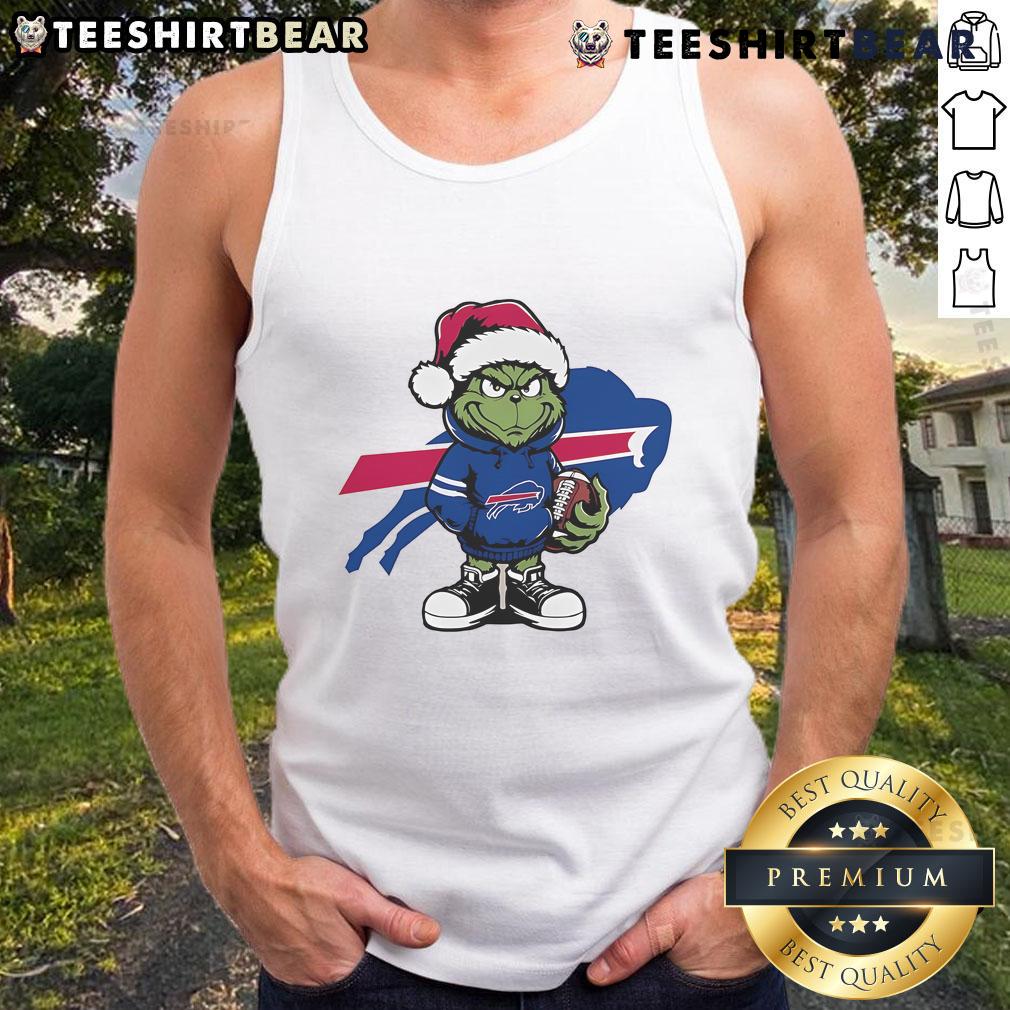 Buffalo Bills Christmas tank top featuring a Grinch hugging a football, perfect for holiday cheer and game day spirit.
