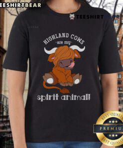 Scottish Highland cow graphic on a ladies tee with the phrase 'Top Highland Cows Are My Spirit Animal'.