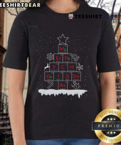 Top Science Christmas 'Oh Chemist' Tree design on a ladies tee, perfect for chemistry lovers celebrating the holiday season.
