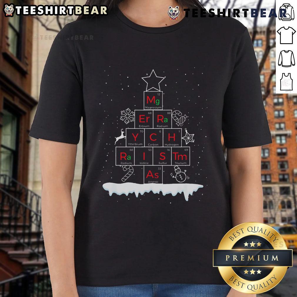 Top Science Christmas 'Oh Chemist' Tree design on a ladies tee, perfect for chemistry lovers celebrating the holiday season.
