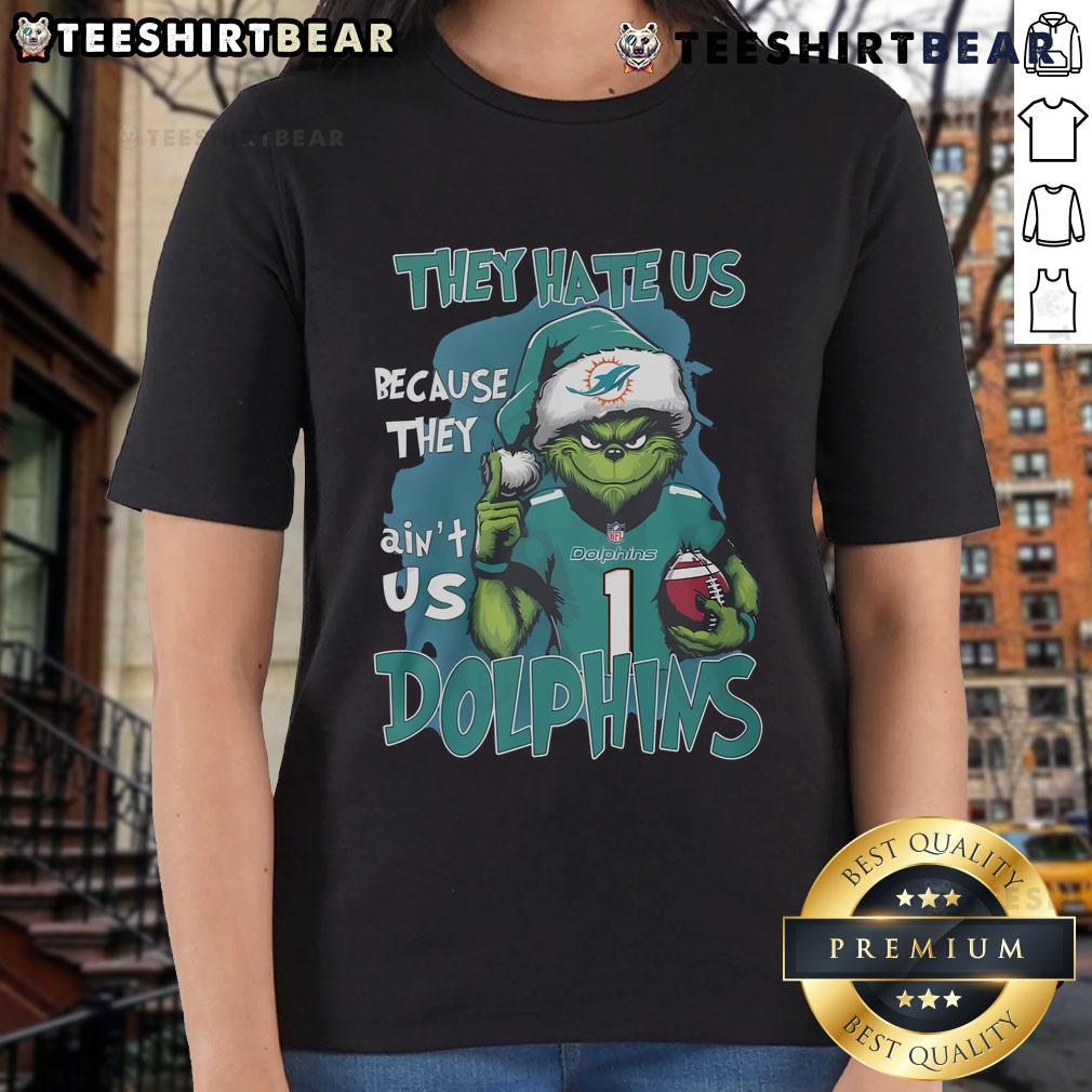 Miami Dolphins ladies tee featuring 'They Hate Us Because They Ain't Us' slogan, perfect for female football fans.