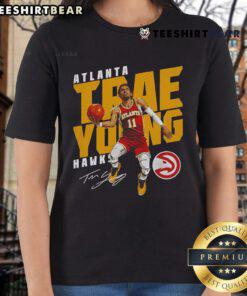 Top Trae Young Atlanta Hawks Slant Basketball Signature Ladies Tee featuring stylish design and team colors.