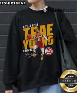 Alt Text: Top Trae Young Atlanta Hawks slant basketball signature sweatshirt in navy blue, perfect for fans and casual wear.