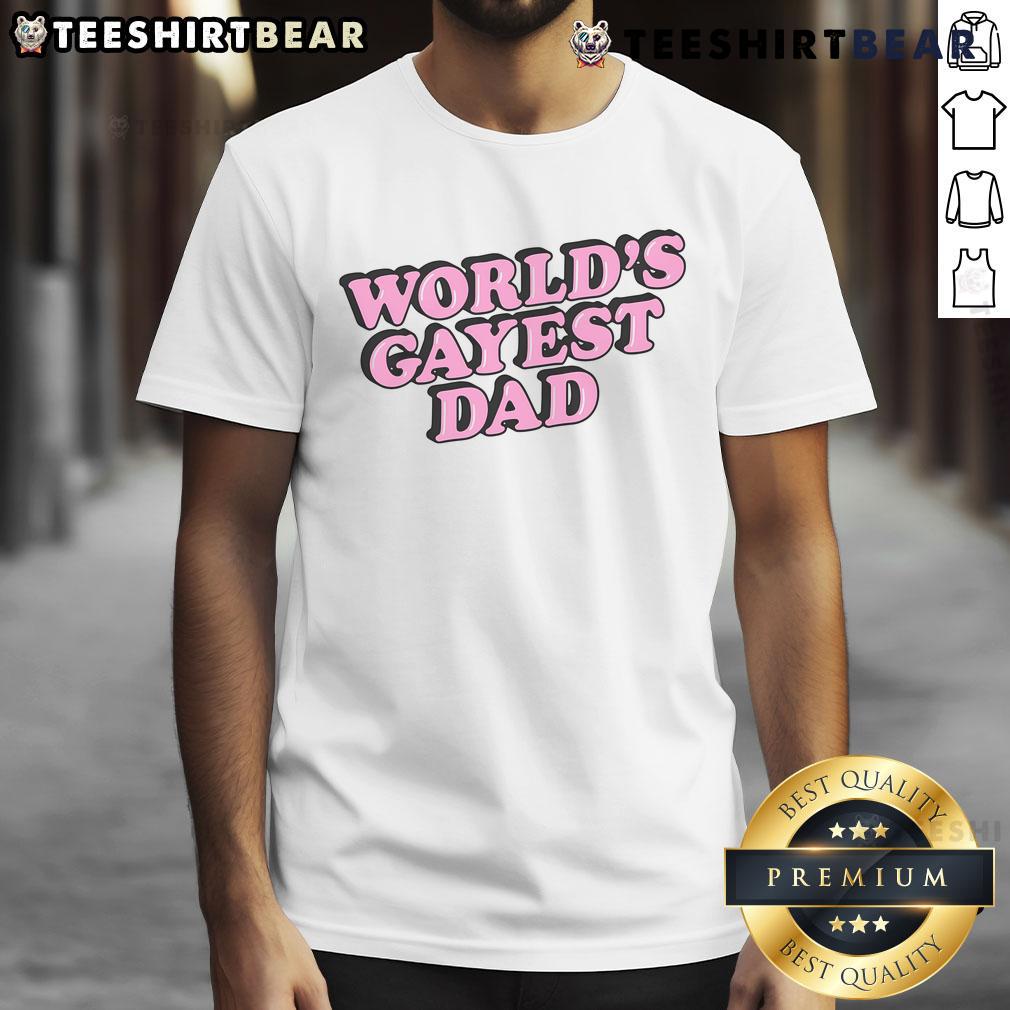Top World's Gayest Dad T-Shirt featuring colorful graphics and playful text, perfect for proud LGBTQ+ fathers.