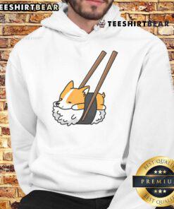 Adorable cute corgi wearing a sushi-themed dog hoodie, perfect for pet lovers and cozy fashion enthusiasts.
