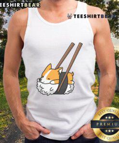 Adorable cute corgi wearing a sushi-themed tank top, showcasing a playful and stylish pet fashion.