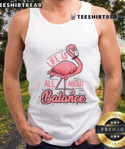 Cute flamingo tank top featuring the phrase Life Is All About Balance, perfect for summer fashion and casual wear.