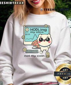 Alt Text: Cute holding a pizza slice in a Bitcoin sweatshirt, showcasing crypto fashion and a love for pizza.