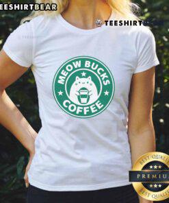 Cute Meow Bucks Coffee Ladies Tee featuring a playful cat design, perfect for coffee lovers and feline enthusiasts.