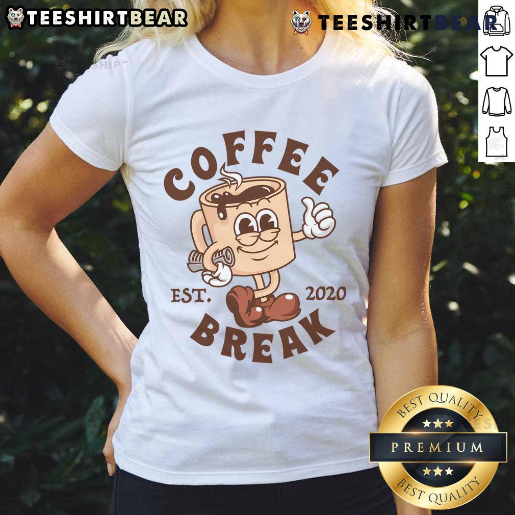 Alt Text: Cute retro coffee break design featuring cartoon ladies on a tee, established 2020, perfect for coffee lovers.