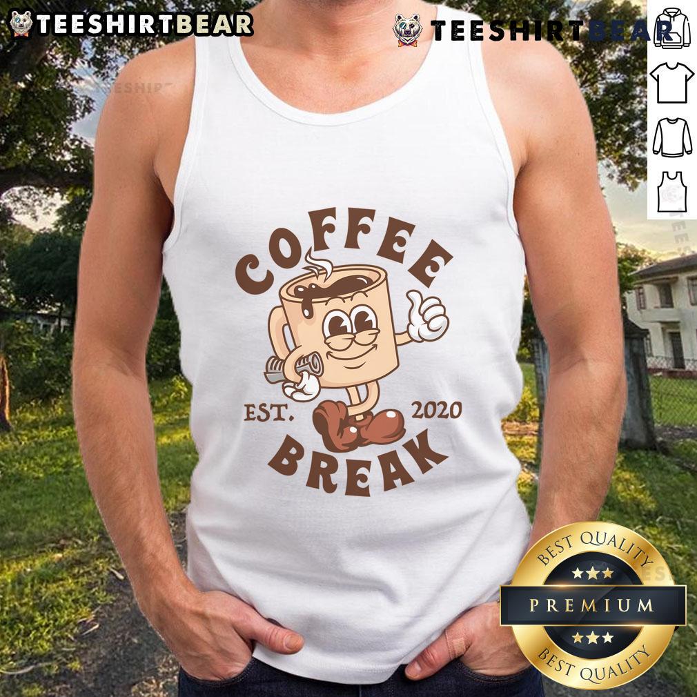 Cute retro coffee break cartoon tank top, established 2020, featuring vibrant colors and playful design.