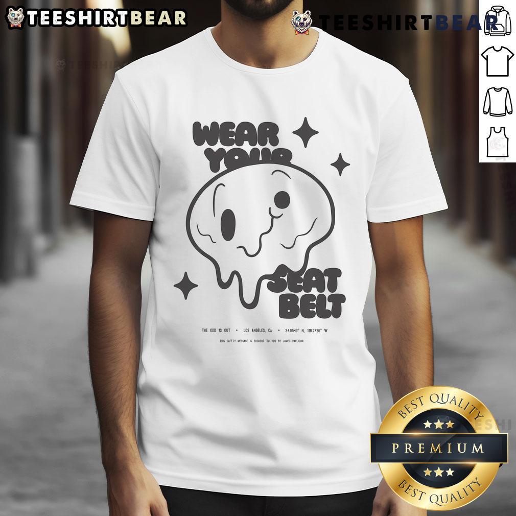 Adorable 'Wear Your Seatbelt' T-shirt featuring vibrant colors and playful graphics promoting seatbelt safety for kids.