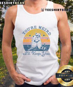 Model wearing a 'Cute You're Weird I'll Keep You' sunset tank top, showcasing vibrant colors and a casual summer style.