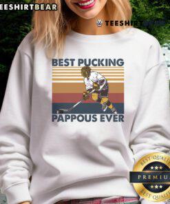 Funny hockey grandpa sweatshirt featuring 'Best Pucking Pappous Ever' saying, perfect for humorous gift ideas.