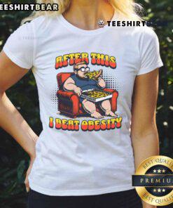 Funny Eat Pizza and Beat Obesity Ladies Tee featuring a playful graphic of women enjoying pizza while promoting a healthy lifestyle.
