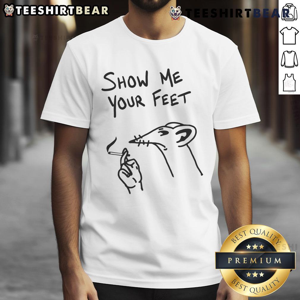 Funny Foot Fetish T-Shirt featuring playful 'Show Me Your Feet' design, perfect for foot fetish enthusiasts and casual wear.