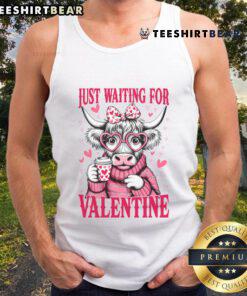 Alt Text: Cute cow couple in tank tops humorously waiting for Valentine's Day, perfect for lovers of funny Valentine's apparel.